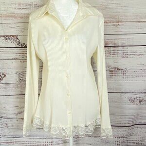 Bay Studio Career Blouse Women’s Petite Large Ivory Pleated Lace Long Sleeve Top